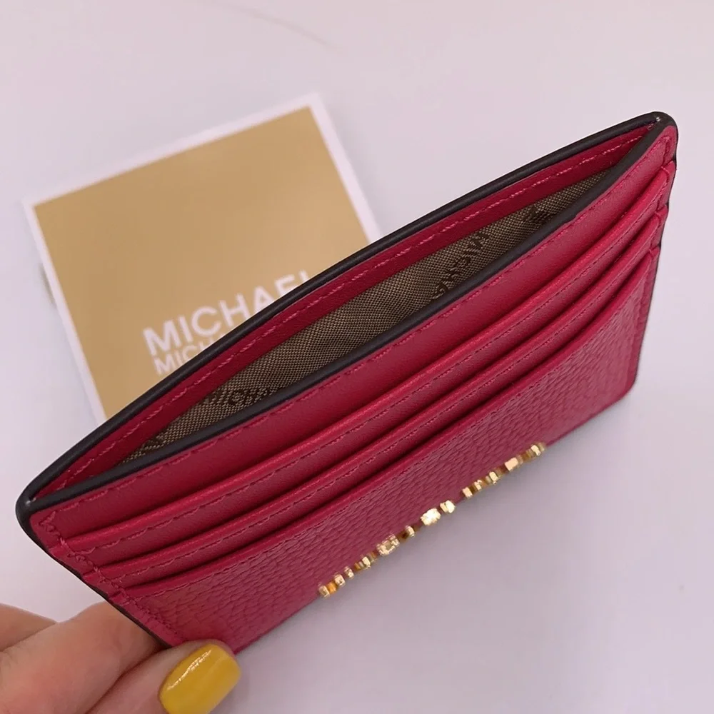 MICHAEL KORS Large Pebbled Leather Card Holder Case Electric Pink NWT